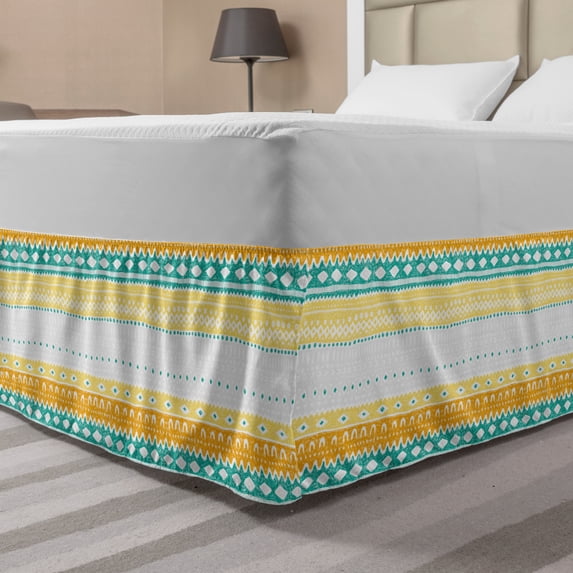 Pastel Bed Skirt, Hand Drawing Sketch of Motifs in Grunge Pattern Tribal Themed Pattern, Elastic Bedskirt Dust Ruffle Wrap Around for Bedding Decor, 4 Sizes, Teal Orange Pale Yellow, by Ambesonne
