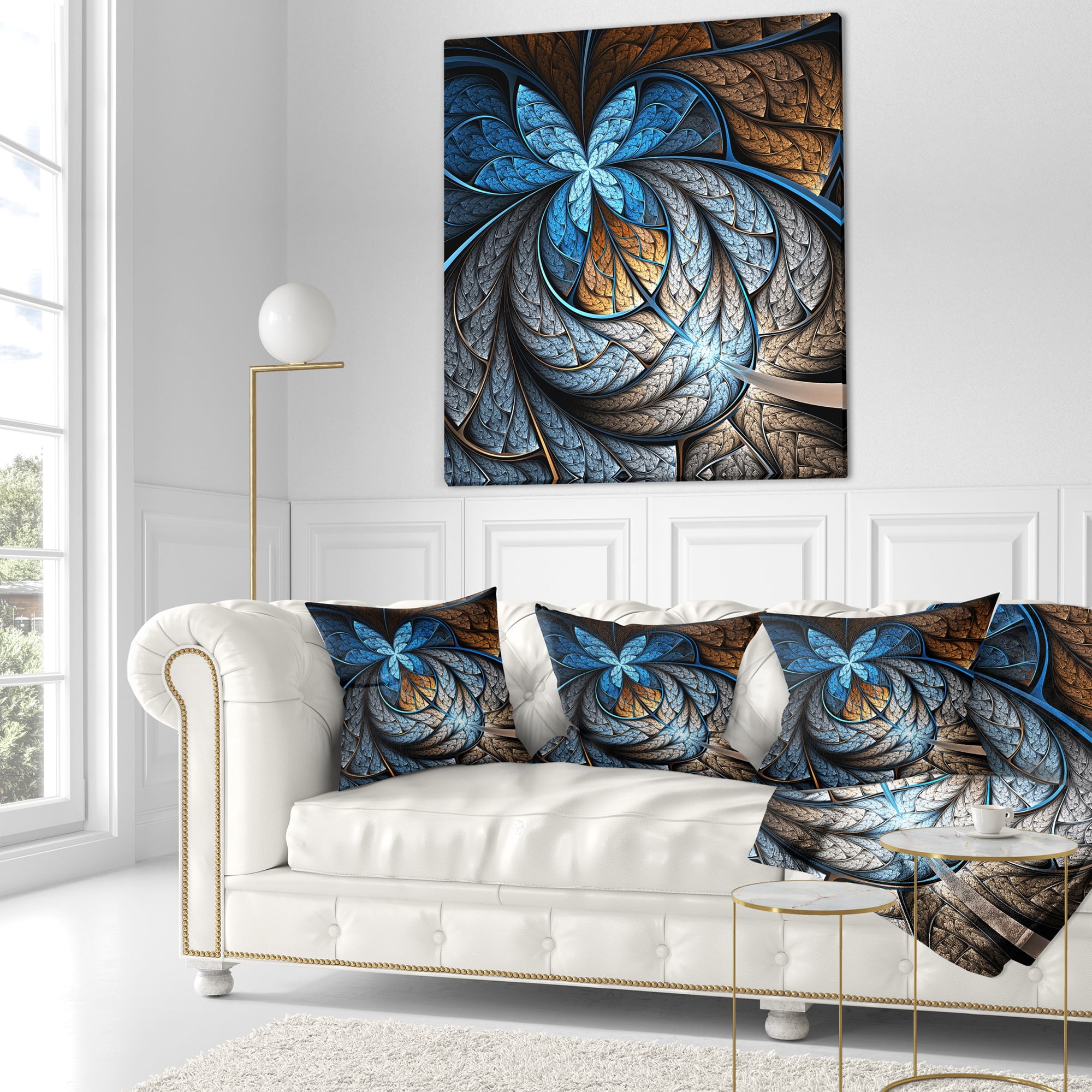 Designart Blue Brown Fractal Flower Pattern - Floral Throw Pillow - 18x18