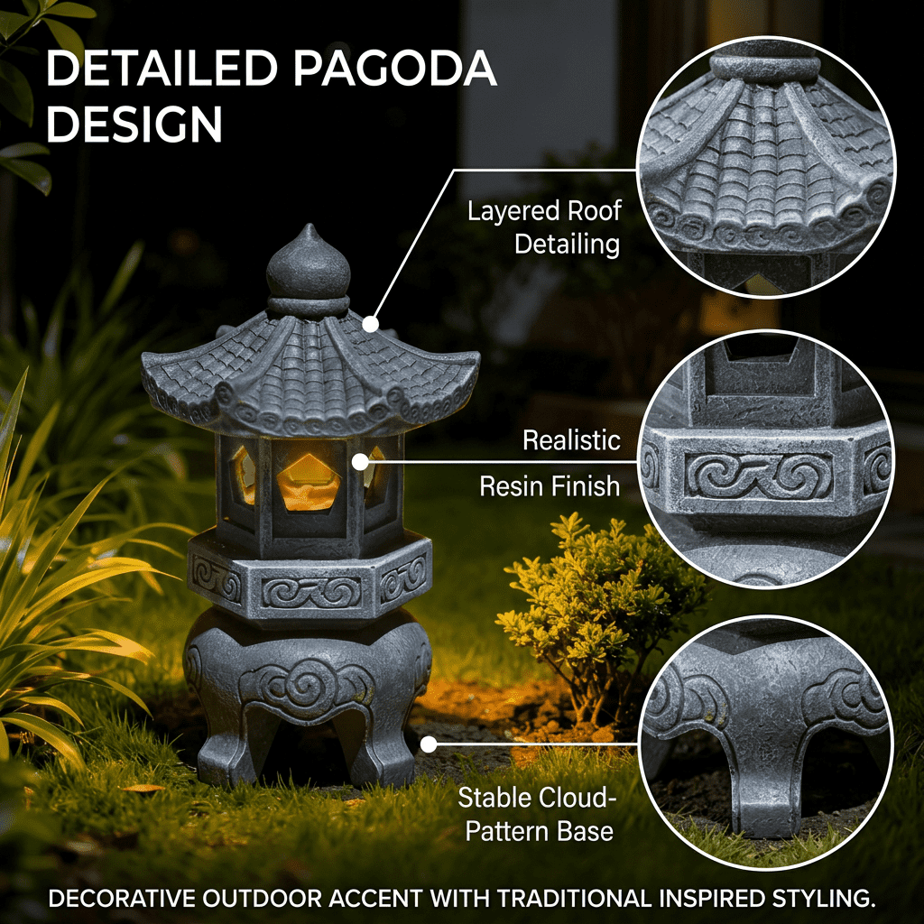 Lumiartisan Japanese Resin Lantern Garden Statue Zen Style - UV Resistant Lighted Roof Outdoor