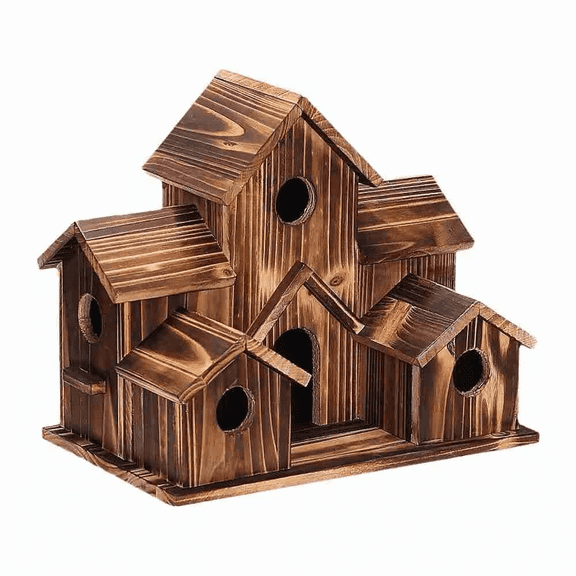 Multi-Compartment Solid Wood Bird House, Handmade Natural Cedar Birdhouse for Outdoor Garden, 5 Hole Bird Nest for Wren Chickadee Sparrow