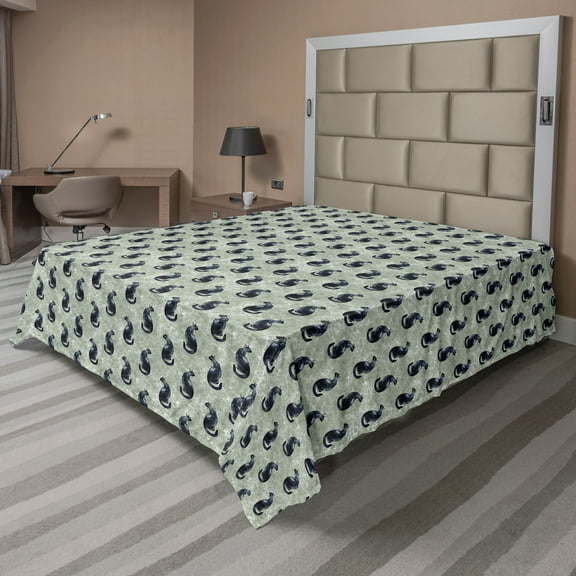 Ambesonne Cat Flat Bedding Sheet Soft Top Sheet, Ivy Branches Art Kitty Pattern, California King, Sage Green and Dark Blue