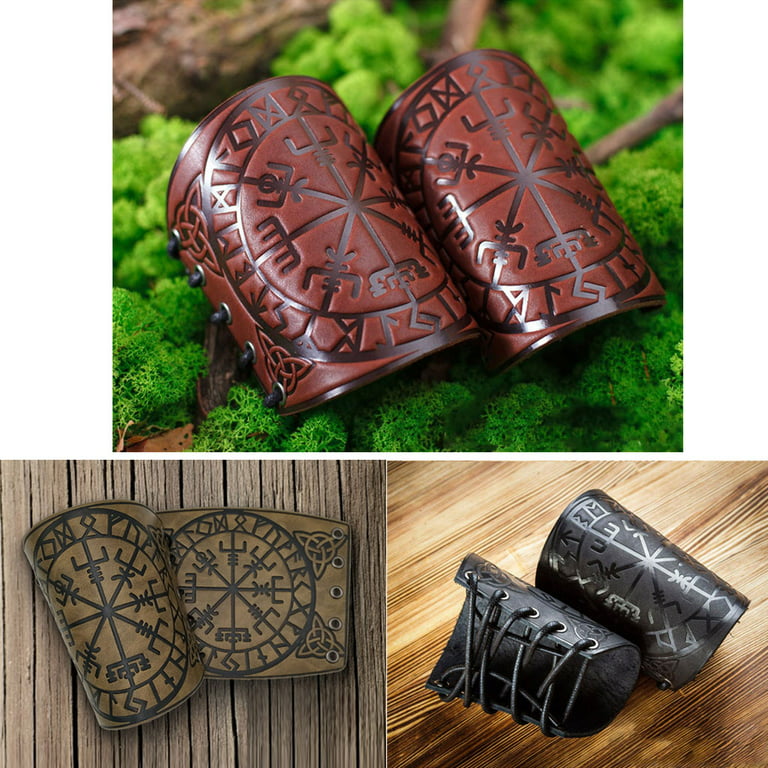 CANKER 1 Pair Nordic Viking Vegvisir Embossed Arm Bracers Medieval PU Leather  Arm Guards Viking Leather Bracers Cosplay Jewelry 