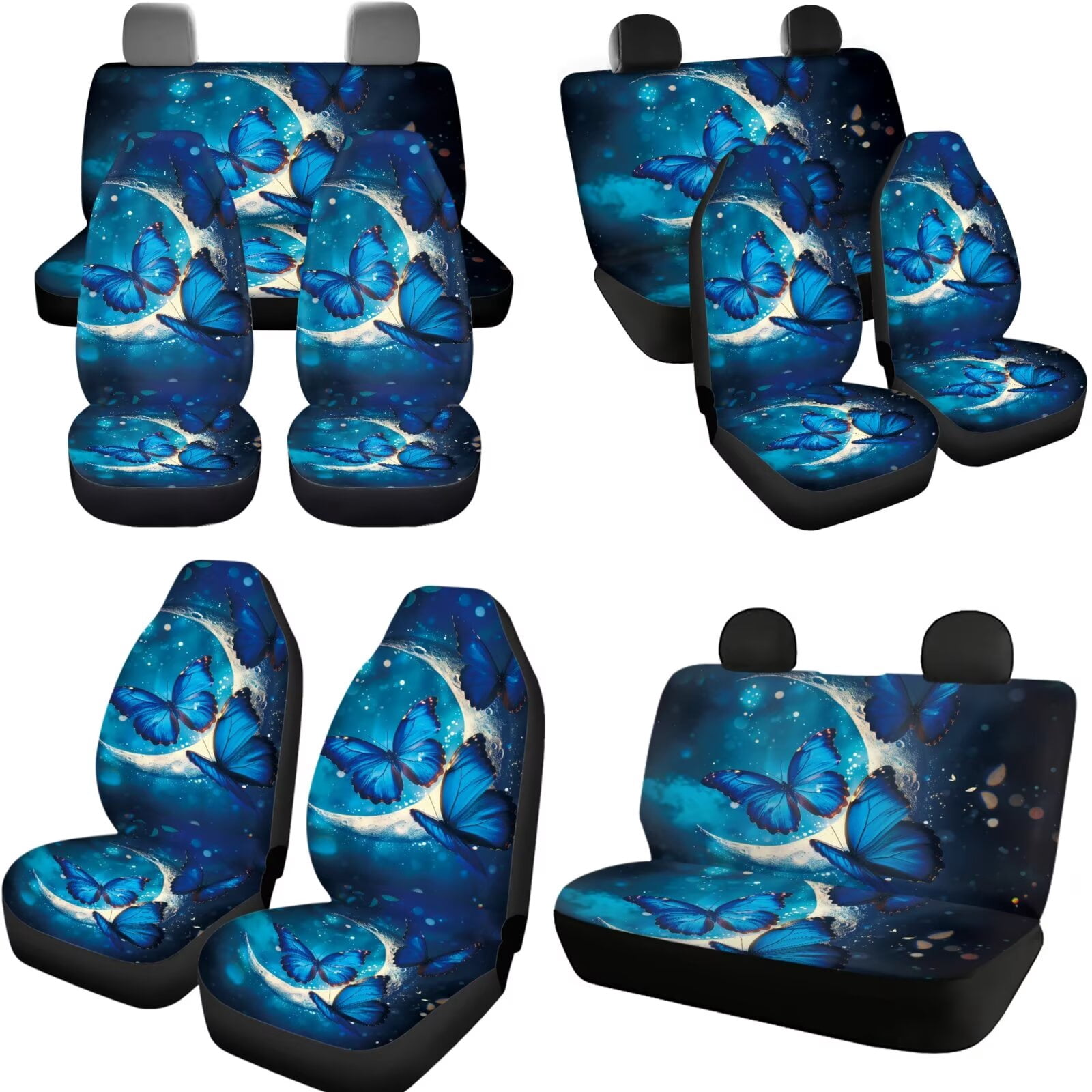 Jeiento Butterfly Moon Car Seat Covers Full Set with Headrest Cover, Gear Shift Cover, Handbrake Cover, Keychain Holder, Cup Coasters, 11 Piece Auto Interior Accessories, Blue