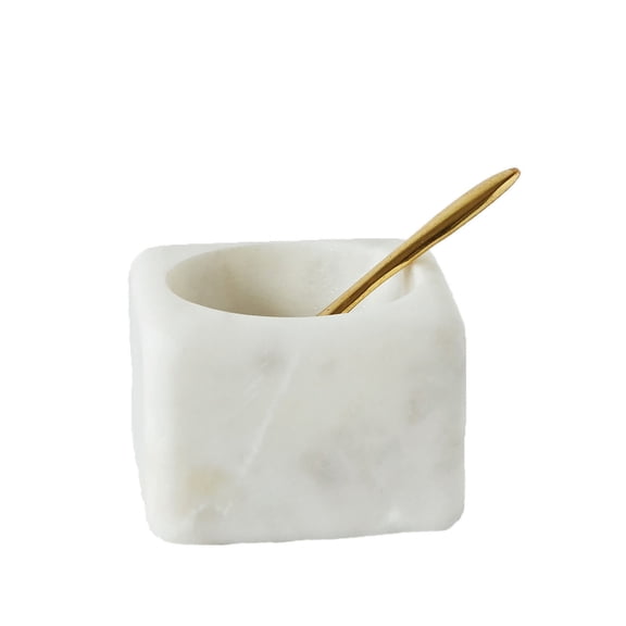 Creative Co-Op Square White Marble Bowl with Brass Spoon (Set of 2 Pieces)