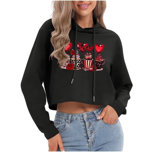 Valentine's Cropped Sweatshirt for Women Funny Love Heart Graphic Hoodies Long Sleeve Pullover Shirts Tops (XL, Black)