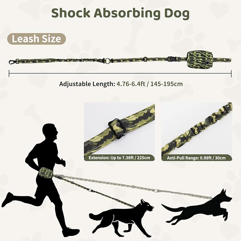 Hands Free Dog Leash with Zipper Pouch, 6-9ft Bungee Waist Leash for Medium Large Dogs Walking, Running Lead with Dual Padded Handles Car Safety Buckle for Training Jogging