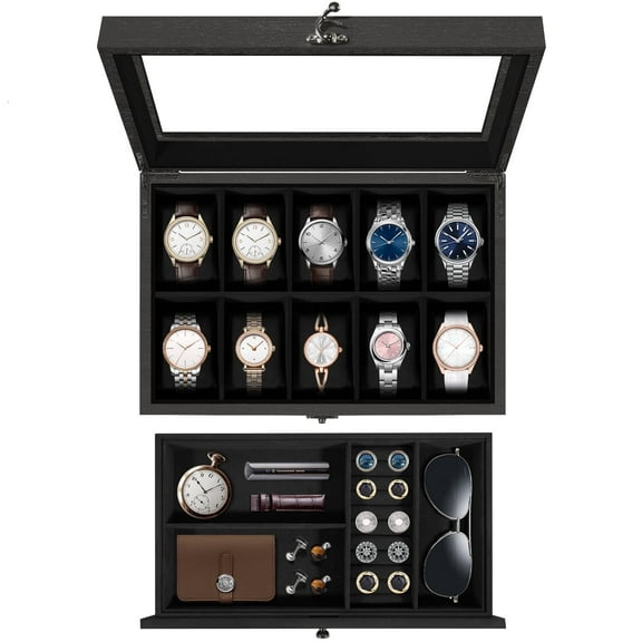 Uten 10-Slot 2-Layer Wooden Watch Box with Glass Lid & Removable Pillows, Luxury Display Case and Jewelry Organizer with Black Velvet Lining, Gift for Watch Lovers, Black
