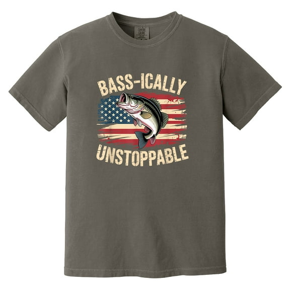 Bass-ically Unstoppable Fishing Shirt, Patriotic Bass Fisherman Tee, Funny American Flag Fishing T-Shirt Gift for Men