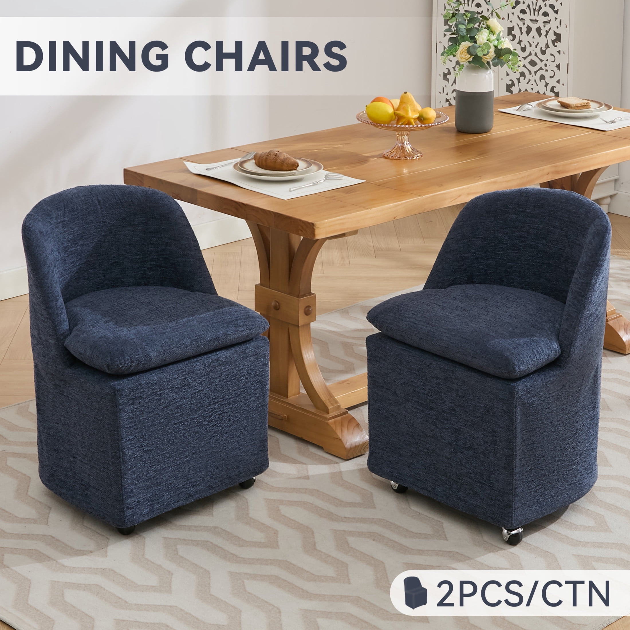 Noble House Amary Chenille Upholstered Dining Chairs with Wheels, 360° Swivel Rolling Chair Set, Blue, Set of 2