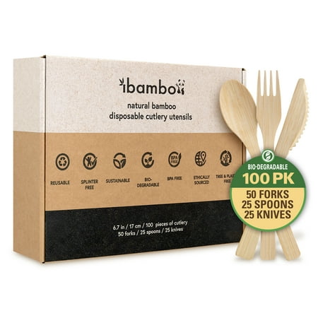 

Ibambo Natural Bamboo Cutlery 100 Set (50 Forks 25 Spoons 25 Knives)