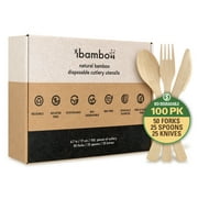 Ibambo Natural Bamboo Cutlery 100 Set (50 Forks, 25 Spoons, 25 Knives) - Compostable, Biodegradable, Sustainable Utensils – Eco Friendly Reusable Disposable Flatware for Camping, Picnic, BBQ, Parties