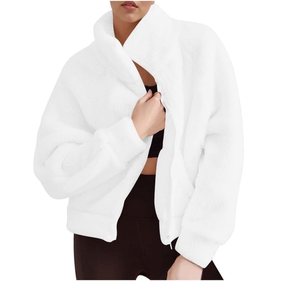 Womens Fuzzy Fleece Jacket Zip Up Stand Collar Sherpa Coats Casual Winter Warm Fluffy Faux Fur Outwear with Pockets