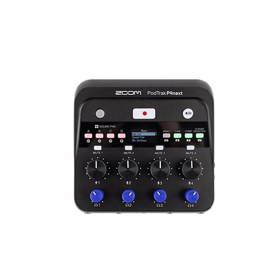 Open Box Zoom PodTrak P4next Podcast Recorder, Battery Powered, 4 Microphone Inputs, 4 Headphone Outputs, AI Noise Reduction, Tone & COMP Effects, Phone Input, Sound Pads, Record to SD, Audio Interface Mode
