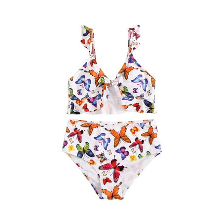 

Toddler Swimsuit Girl Size 160 For 10 Years-12 Years 2 Piece Sport Butterflies Prints High Waist Bikini Set Swimwear Beach Bathing Suits For Girls