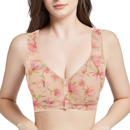 Ukumplol Bras for Women No Underwire High Support Bras Adjustable Full Coverage Bras Wireless Bras Front Closure Wireless Bra Supportive Bras for Women Front Close Bras for Older Women Beige 4XL
