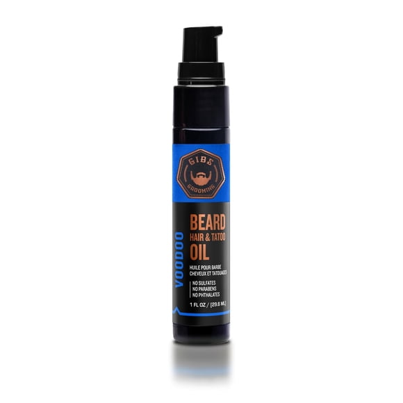 Aceite para barba, cabello y tatuajes Voodoo Prince de Gibs Grooming: totalmente natural con aroma a bergamota, sándalo y salvia. Suaviza, fortalece la barba e hidrata la piel. 1 onza líquida (paquete