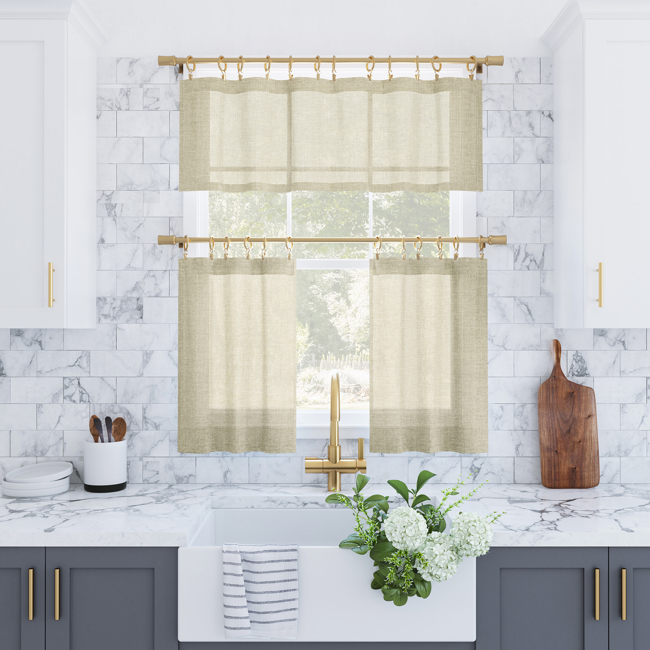 Archaeo 2-Pack Slub Textured Linen Blend Cafe Curtain Pair, 56"W X 24"L, Linen