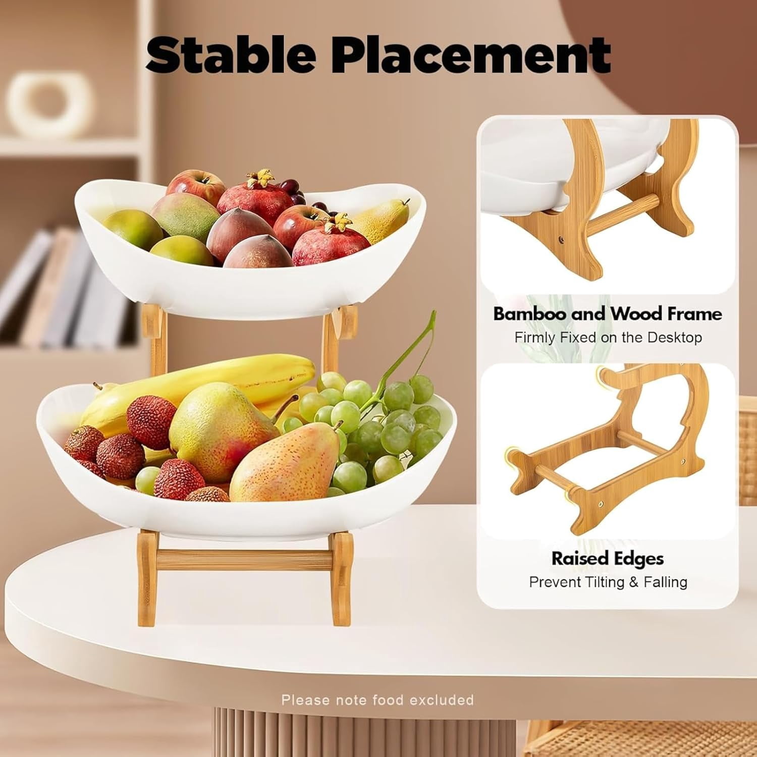 3-Tier Fruit Basket Oval Bamboo Stand Kitchen Countertop Storage