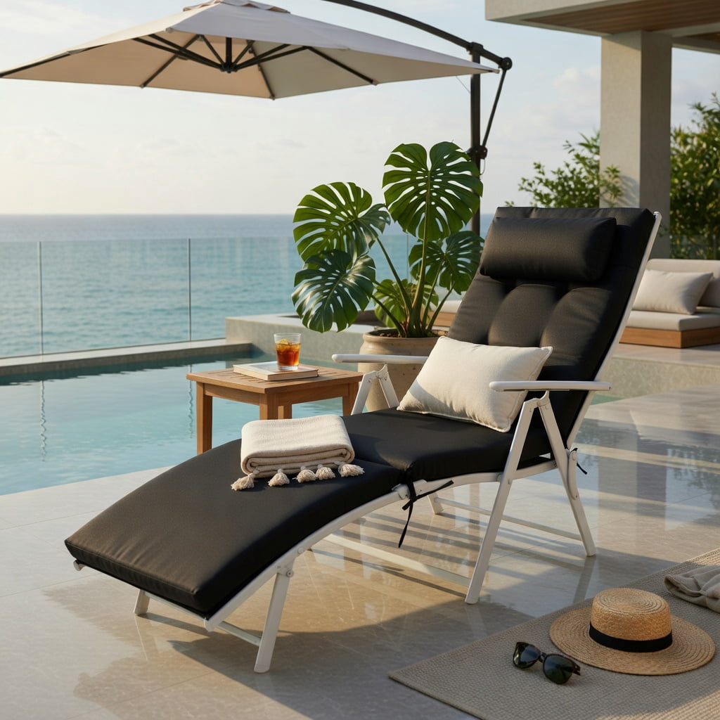 Hommoo Adjustable Folding Chaise Lounge Chair for Outdoor Use, Lightweight Steel Frame, Removable Pillow & Cushion, 7-Position Ergonomic Backrest, Black