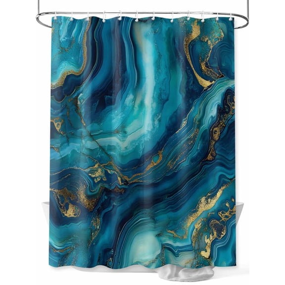 Abstract Marble Shower Curtain, Teal Green Gold Gradient Wave Texture Waterproof Shower Curtain Set with 12 Hooks Lightweight Washable Fabric Shower Curtains for Bathroom 72x84 Inches