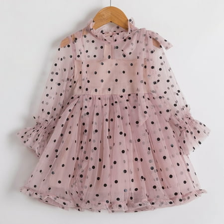 

KONBECA Toddler Girl Outfits Princess Dresses Baby Girls Long Sleeved Polka Dot Print Mesh Skirt Casual Dress Cotton Dresses Pink (1-2 Years)