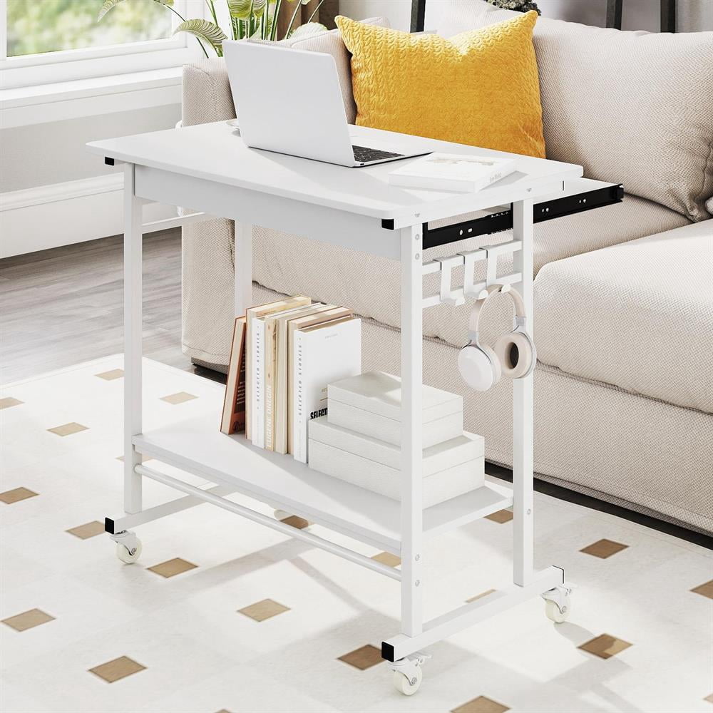 Topcobee Rolling Laptop Table with Pull-out Keyboard Tray and Hooks, Stand up Desk, Bedroom Desk, Modern Furniture for Home-White