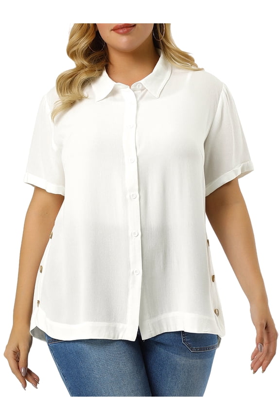 Juniors' Plus Size Side Slit Roll Up Sleeve Button Front Shirts 4X White