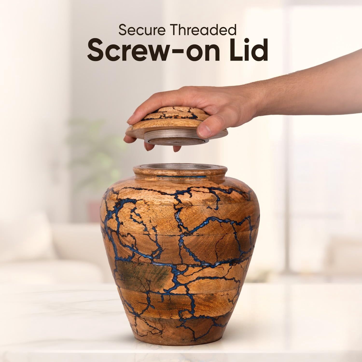 Wooden Cremation Urns for Human Ashes Adult Male 200 Cubic Inches - Urns for Ashes for Women & Men - Blue Urn for Ashes Adult Male - Decorative Urns - Burial and Funeral Urn