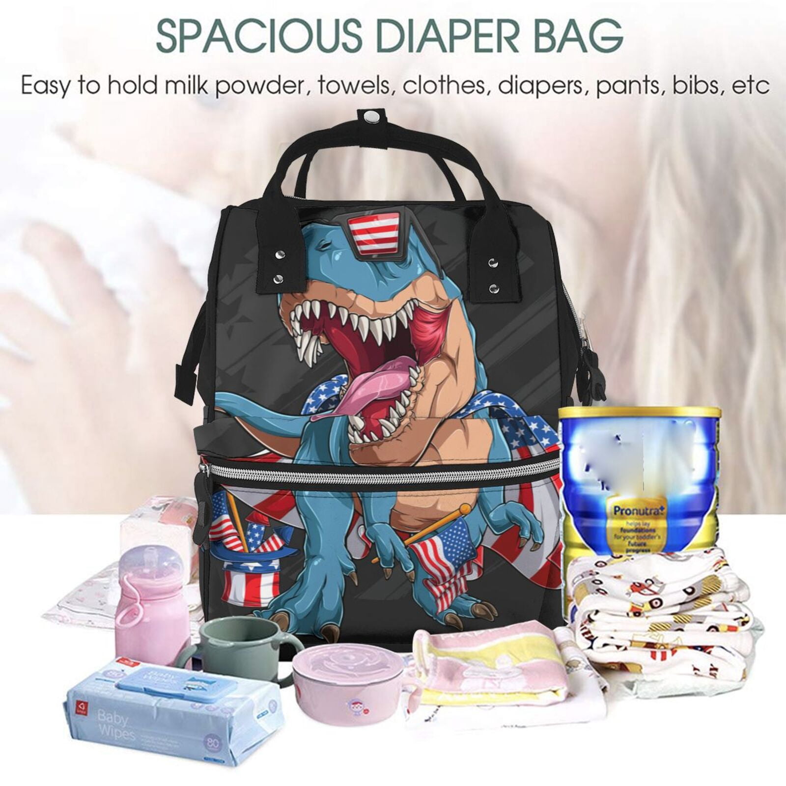 Defioc Blue Dinosaur for Baby Diaper Bag Backpack - Baby Bag for Boys & Girls - Diaper Backpack - Large Travel Diaper Bags- Baby Registry Search & Shower Gifts