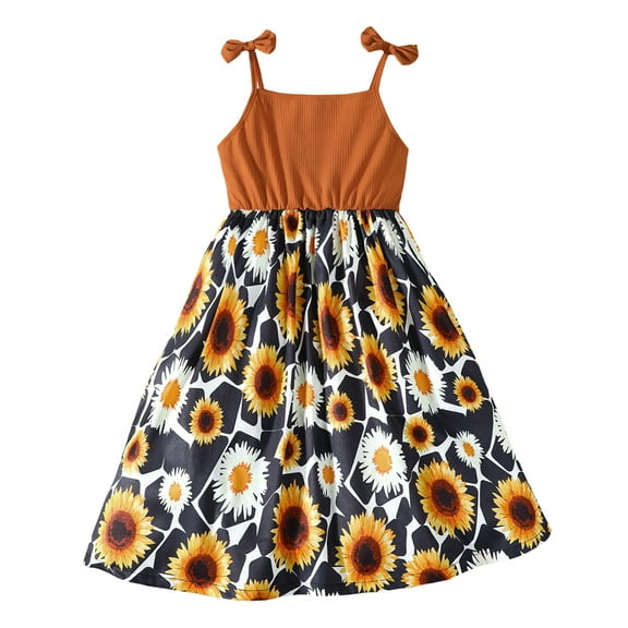 8Y Big Girls Dress Big Girls Summer Sleeveless Dress 8Y Girls Sunflower Print Suspender Floral Dress Brown