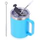 thumbnail image 1 of Taza de café con asa de acero inoxidable y aislamiento hermético, con tapa corrediza y popote, mantiene el frío y el caliente, azul, 1 of 4