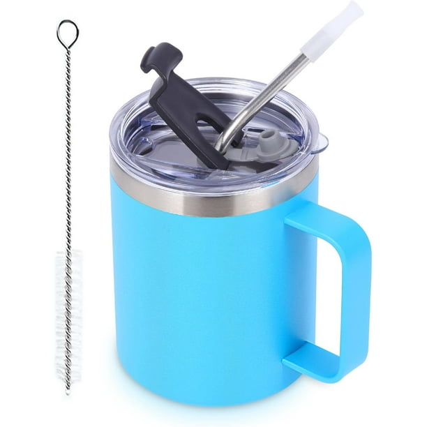 Taza de café con asa de acero inoxidable y aislamiento hermético, con tapa corrediza y popote, mantiene el frío y el caliente, azul