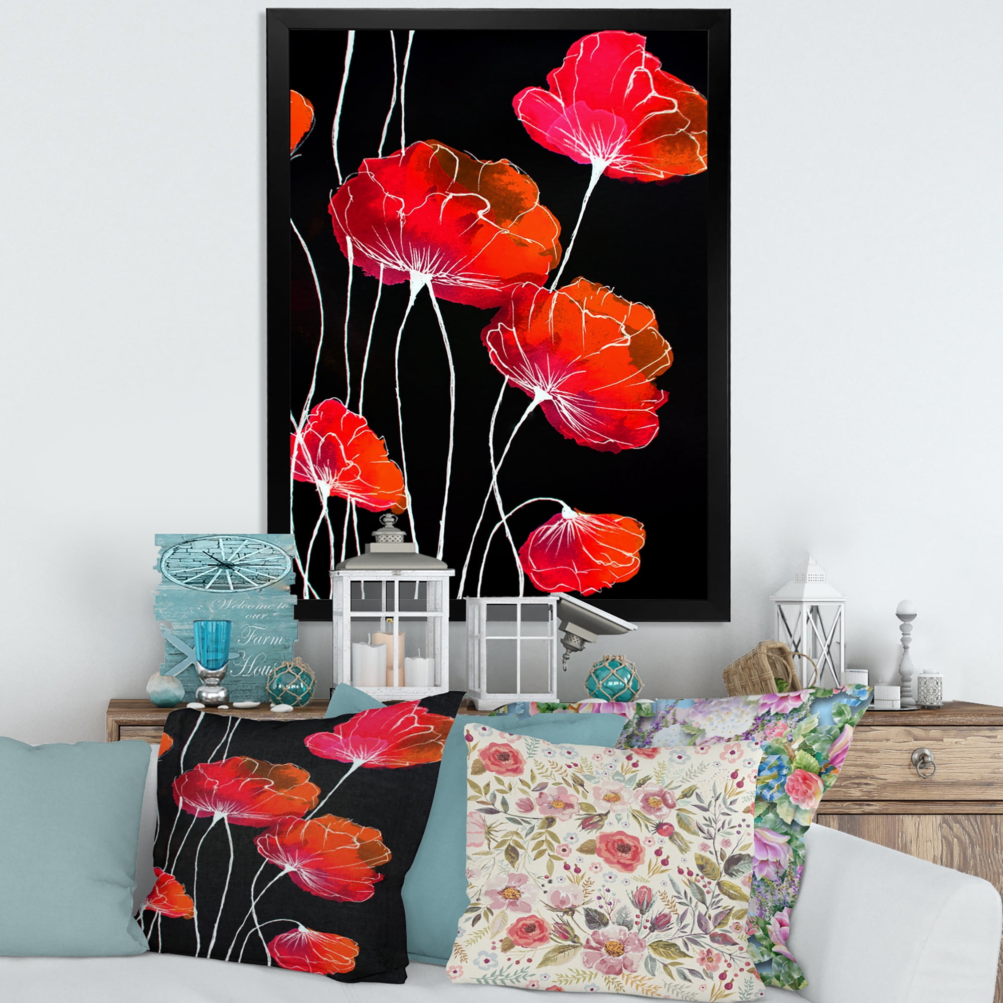 Designart 'Abstract Red Flower Detail On Black Background II' Traditional Framed Art Print
