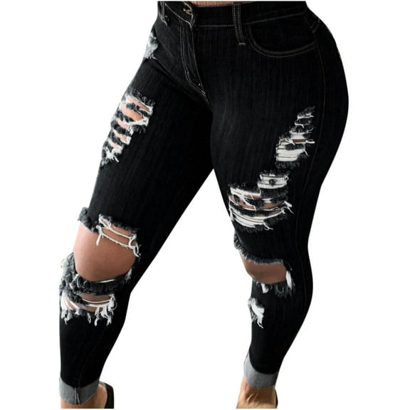 IROINNID Skinny Pants For Women Elastic Waist Pants Street Fashion Wash Holes Show Thin Casual Trousers Pants Solid Color Jean