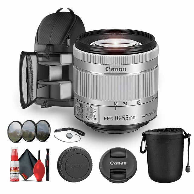 Canon EF-S 18-55mm F/4-5.6 IS STM Lens (Silver) (1620C002) + Lens Pouch + Filter Kit + Cap Keeper + Cleaning Kit(International Model)