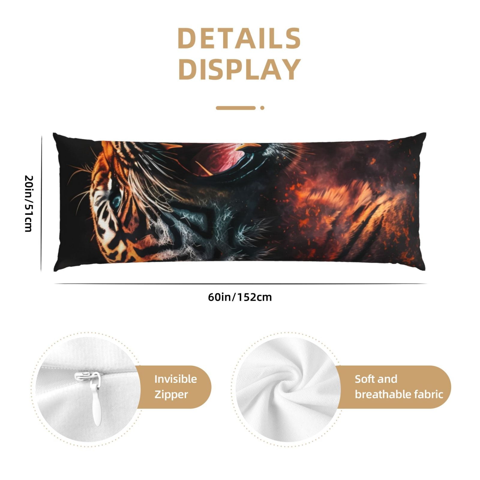 Naloa Cool Tiger Super Soft 20x60 Body Pillow Case,Long Side Hidden Zipper（PILLOWS ARE NOT INCLUDED）