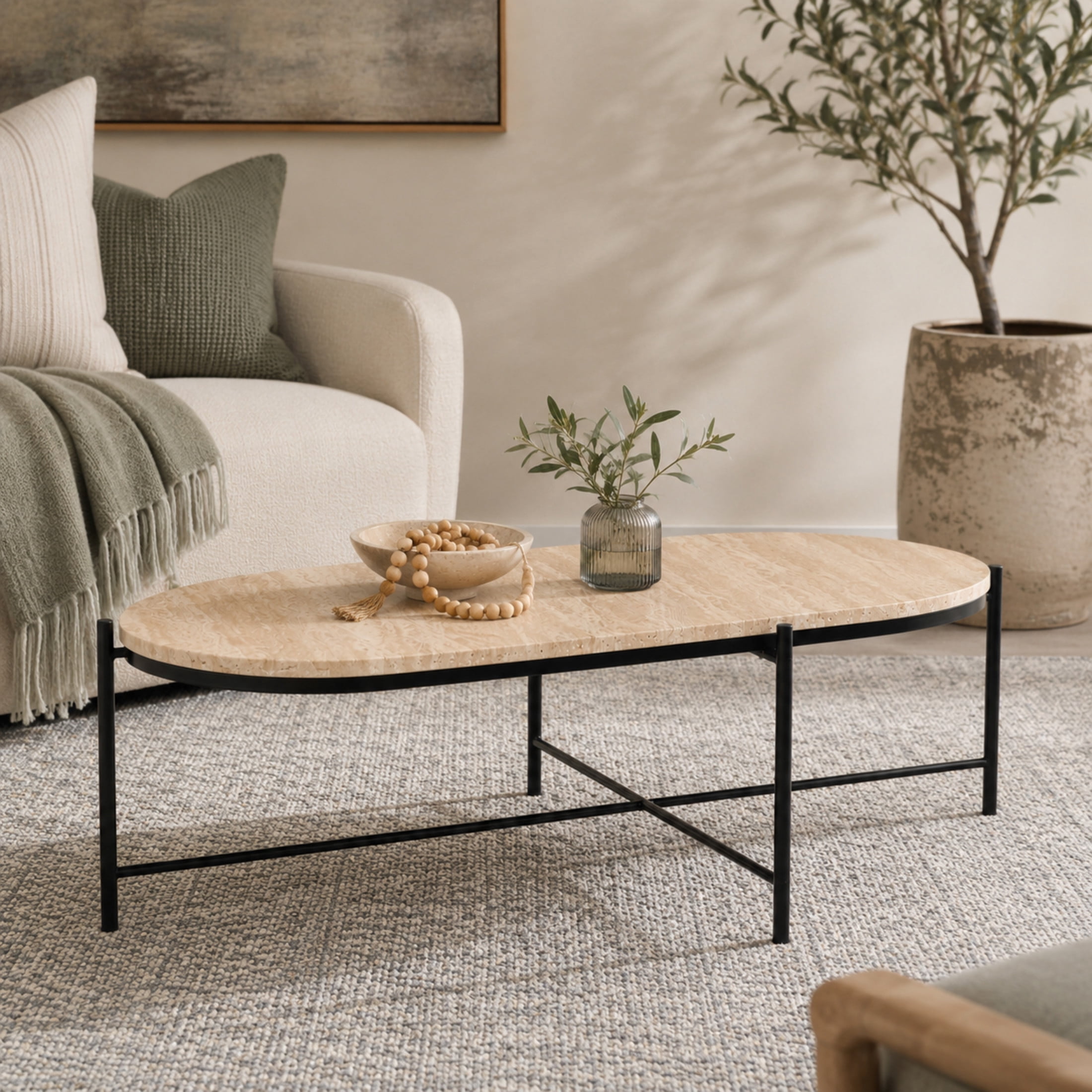 DecMode 45" x 13" Beige Marble Oval Coffee Table with Black Metal Support, 1-Piece