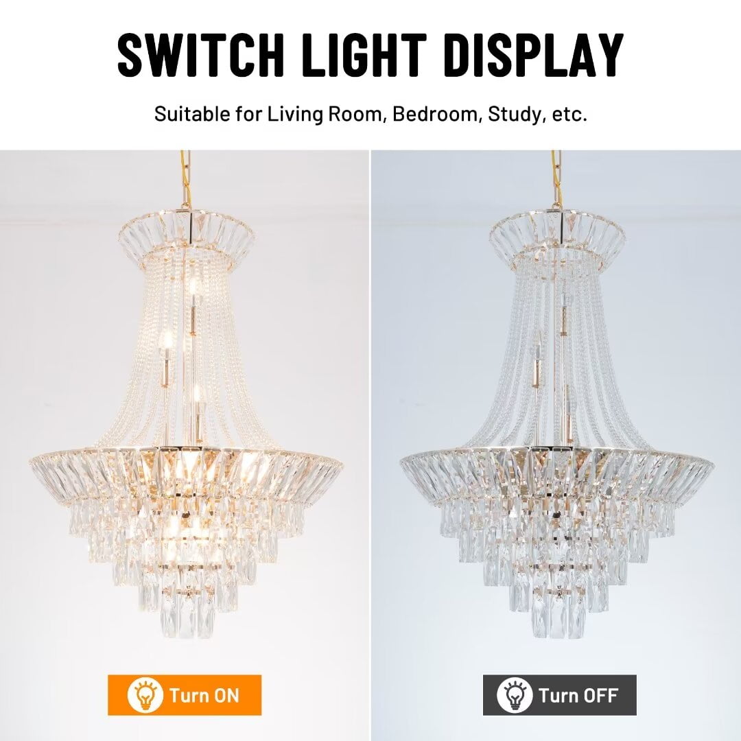 FINE MAKER French Empire Crystal Chandelier, High Ceiling Modern Chandelier, Gold Chandelier Fixture for Dining Room, Living Room (23″W x 53″H)
