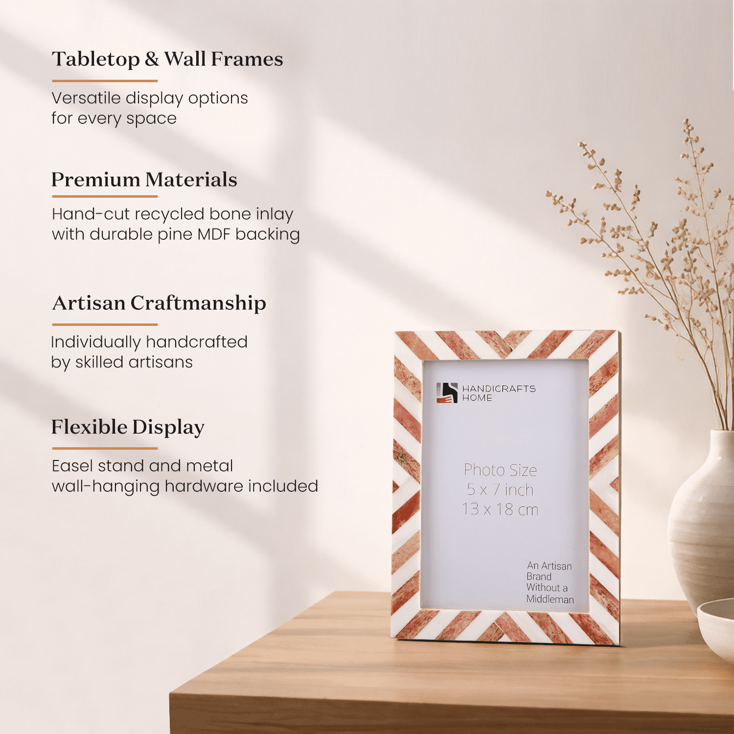 Handicrafts Home 5x7 Picture Frame, Brown Chevron Bone Inlay Photo Frame, Rustic Farmhouse Wall or Tabletop Picture Frame for Home Wall Decor