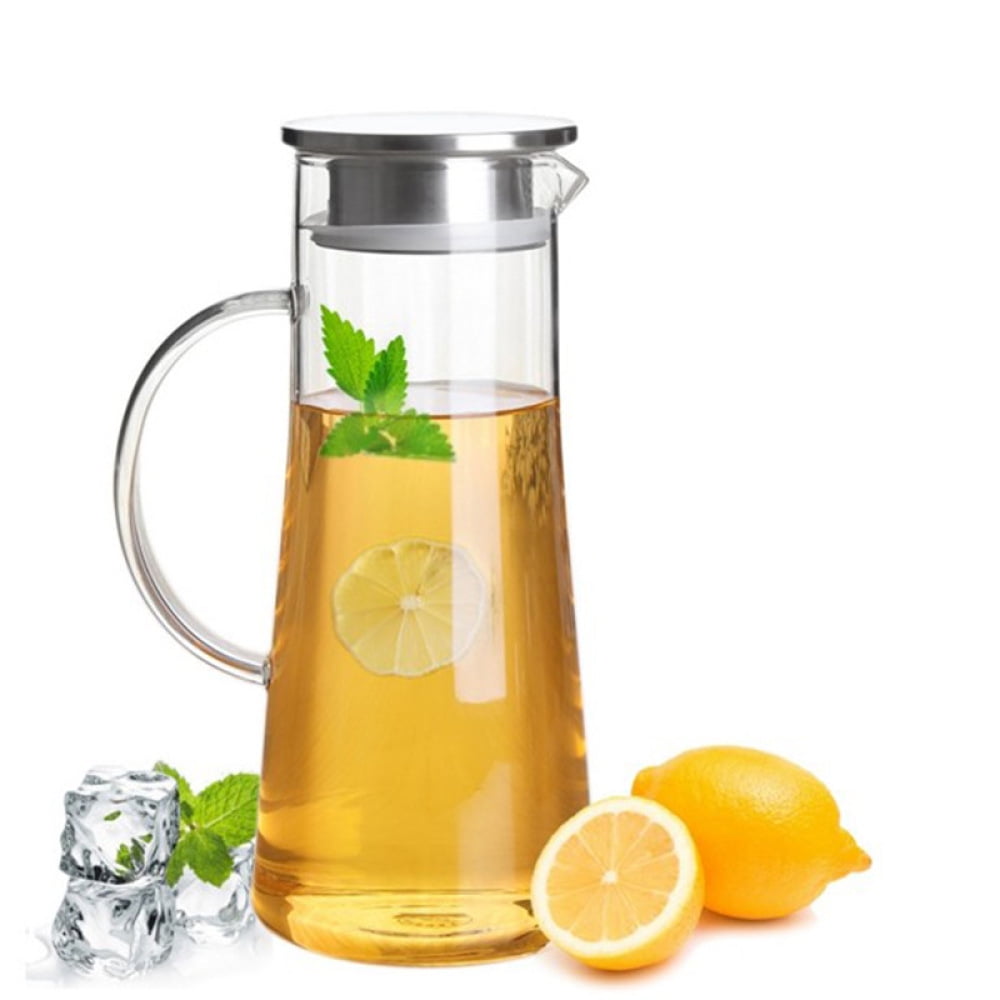 Elegant Design Glass Pitcher with Lid, Thermo-resistant Pour & Filter Jug, Heat Resistant Glass, Large Comfortable Handle, Rubber Sealed Leakproof Lid for Beverage Pitchers for