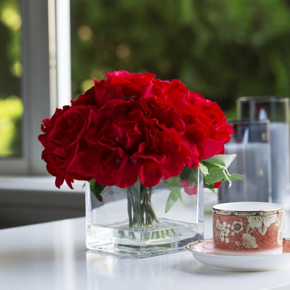 Enova Home Mixed Artificial Silk Rose and Hydrangea Flowers in Clear Cube Glass Vase with Faux Water (Red)