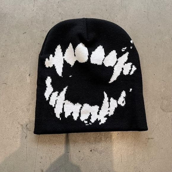 Women Hat Knitting Beanies Goth Tooth Caps Men Y2k Streetwear Winter Fashion Pullover Kpop Harajuku Vintage Warm Hip Hop Unisex Black-01 one size