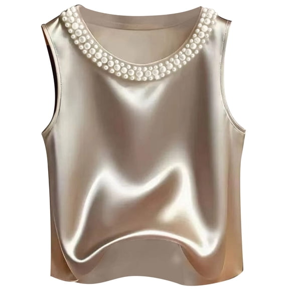 RMGVDSD Tank Tops For Women Fashion Elegant Solid Satin Tank Top For With Pearl Round Neckline Summer Sleeveless Camisole For Everyday Style Stylish Blouses
