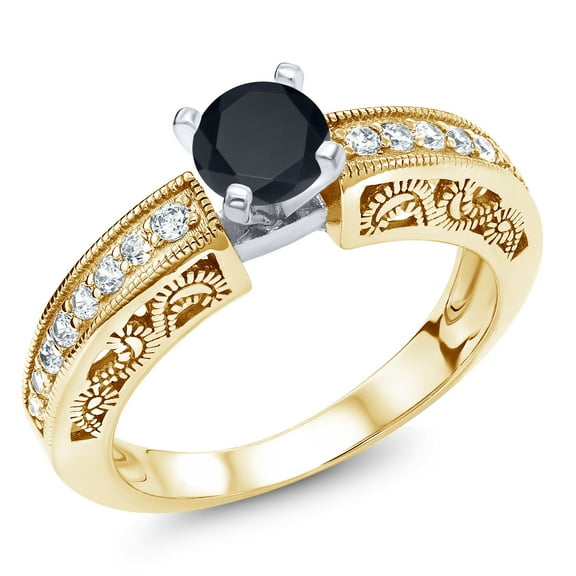 Gem Stone King 2.09 Ct Round Black Zirconia 18K Two-Tone Plated Sterling Silver Ring (Size 6)