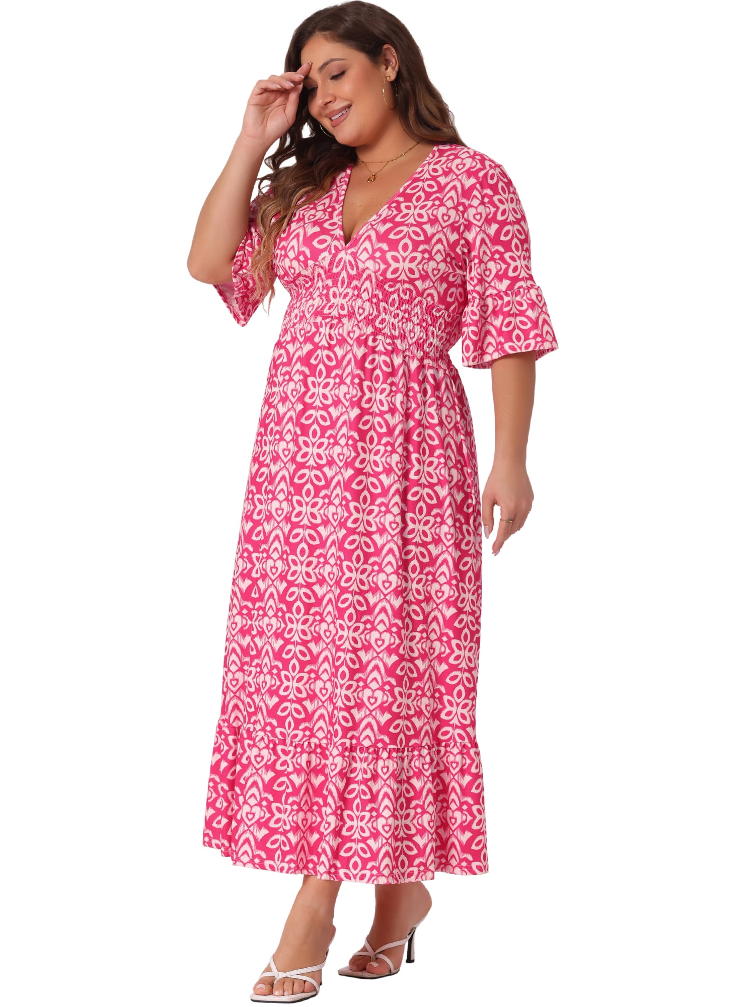DARING DIVA Plus Size Bell Sleeve Ruffled Hem Boho A Line Long Dress 2X Hot Pink