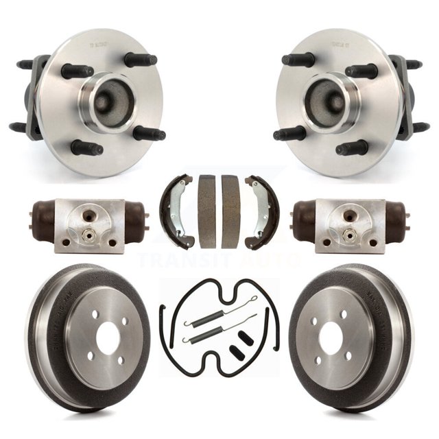 Transit Auto Rear Wheel Cylinders and Drum & Shoes Hub Bearing Assembly Kit (8Pc) for Car 2003 Saturn Ion 4-Wheel ABS with 4 Lug Wheels - Left Right Side (Driver Passenger) K7D-101344