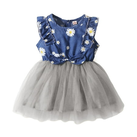 

Kucnuzki Infant Baby Girl Clothes 3T Summer Dress 4T Sleeveless Sweet Daisy Prints Denim Upper Tulle Layer Mesh Dress Blue