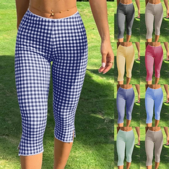 Womens Gingham Plaid Leggings Lace Low Rise Elastic Waist Skinny Slit Hem Capri Pants Yellow