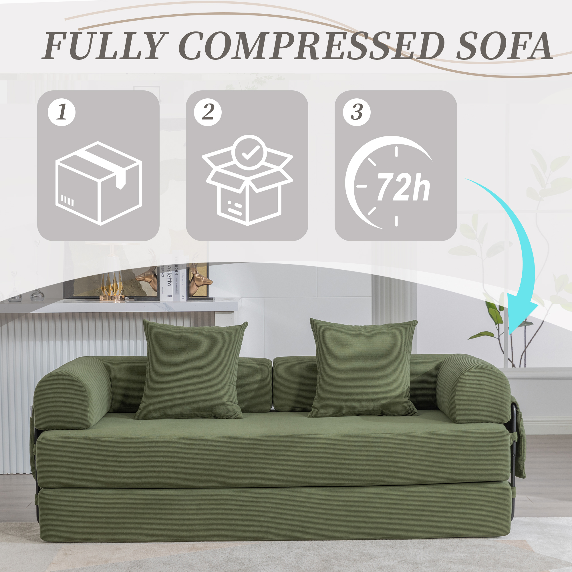 MOONMISS Corduroy Upholstered Modern Comfort Foldable Compressible Sofa Bed with Sturdy Metal Frame-Olive Green