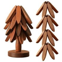 Walnut Wood Tree Trivet Set, Natural Tree Trivet Set - 4 Wooden Trivets & 1 Stand Like a Christmas, Foldable Kitchen Wooden,for Hotdishes Pot Bowl Teapot Hot Pot Holder (Brown)